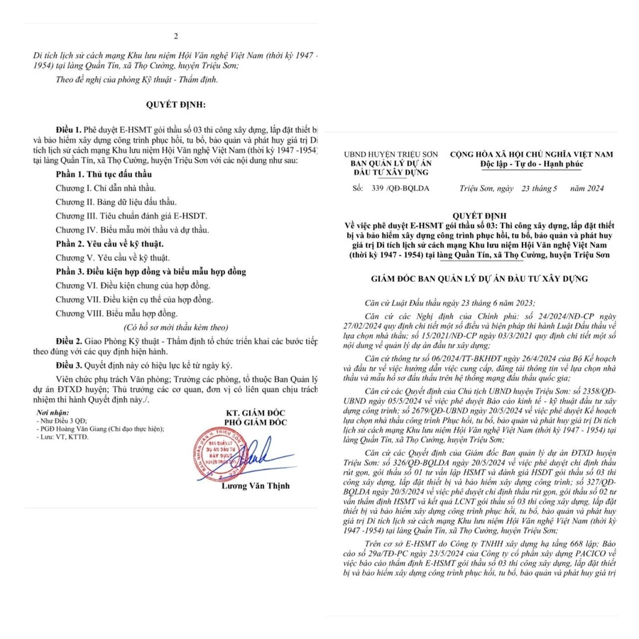 Quyết định phê duyệt lựa chọn nhà thầu gói thầu gói thầu số 03 Thi công xây dựng, lắp đặt thiết bị và bảo hiểm xây dựng công trình phục hồi, tu bổ, bảo quản và phát huy giá trị Di tích lịch sử cách mạng Khu lưu niệm Hội Văn nghệ Việt Nam (thời kỳ 1947 - 1954) tại làng Quần Tín, xã Thọ Cường, huyện Triệu Sơn.