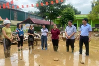Bà Vương Ngọc Hà (thứ 3 từ phải sang) - Phó Chủ tịch UBND tỉnh Tuyên Quang thăm và động viên Trường Mầm non Hoa Mai (phường Hà Giang 2).