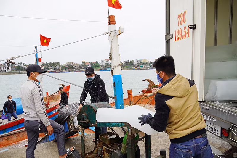 Ngư dân chuyển đá lạnh lên tàu để chuẩn bị ra khơi (Ảnh: A.T).