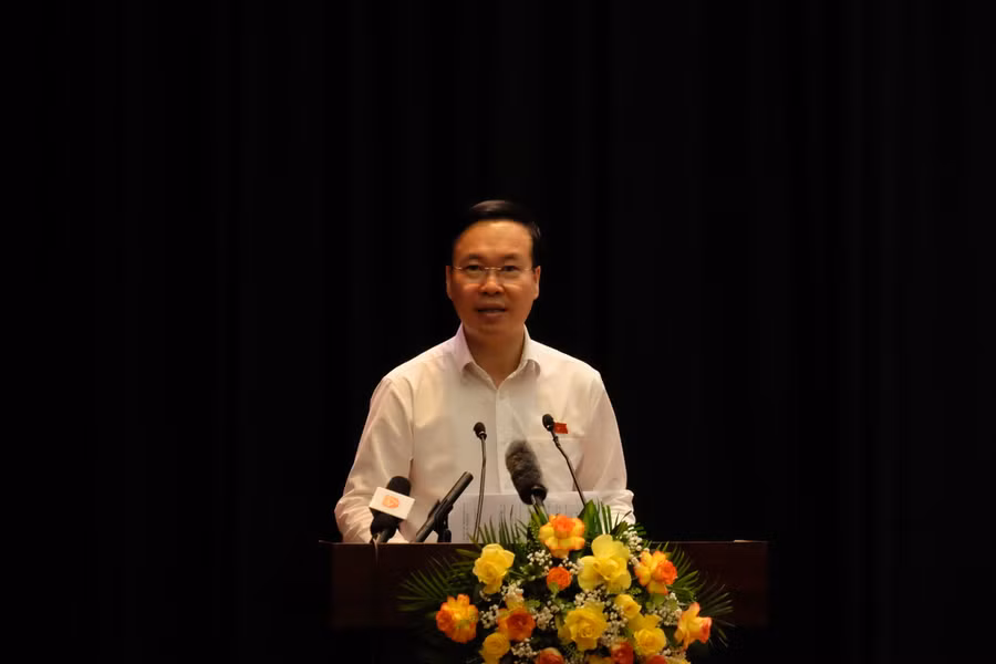 Chủ tịch nước Võ Văn Thưởng phát biểu tại buổi tiếp xúc cử tri Đà Nẵng. Ảnh: Hoàng Vinh.