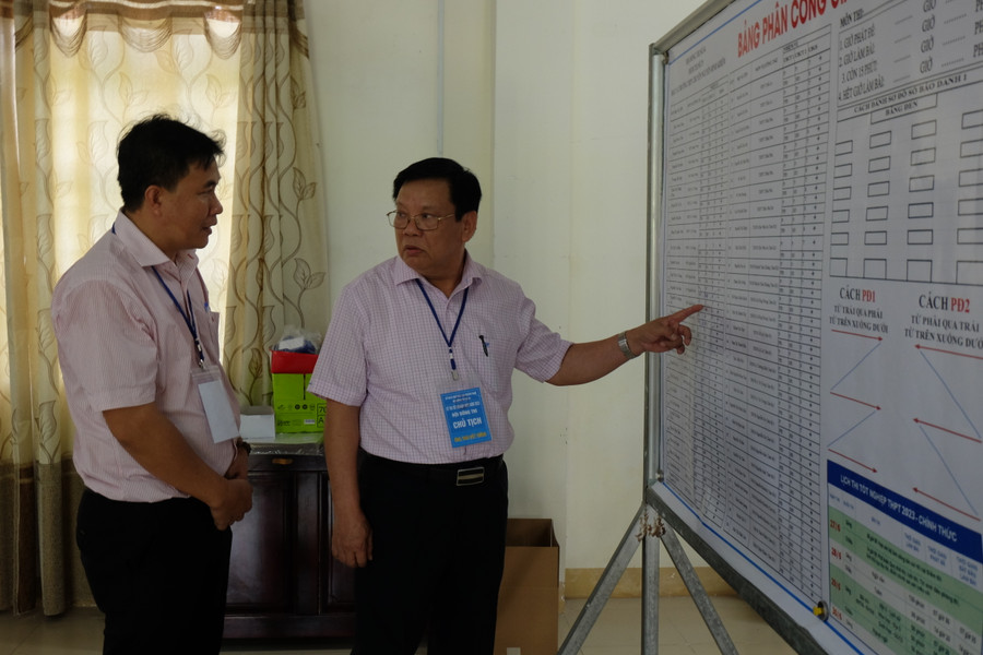 Ông Thái Viết Tường (bên phải) - Giám đốc Sở GD&ĐT tỉnh Quảng Nam kiểm tra tại Kỳ thi tốt nghiệp THPT năm 2023 tại Trường THPT chuyên Nguyễn Bỉnh Khiêm. Ảnh: Hoàng Vinh.