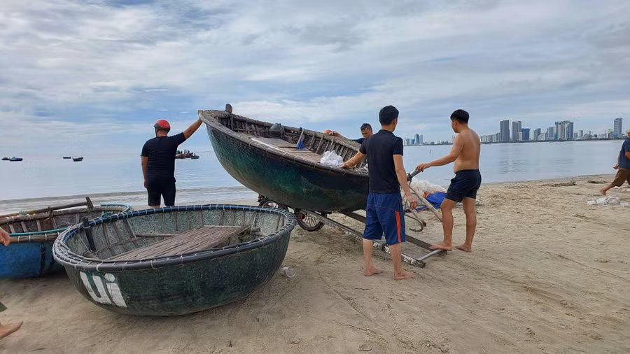 Ngư dân Đà Nẵng đưa thuyền thúng lên bờ tránh bão. 