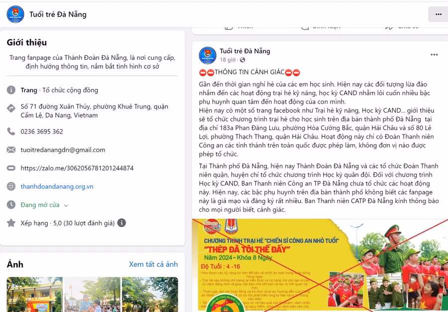 Thành Đoàn Đà Nẵng cảnh báo phụ huynh thận trọng, cảnh giác khi đăng ký, cung cấp thông tin cho các trang facebook giả mạo này.