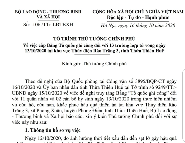 Tờ trình báo cáo thông tin sự việc và trình Thủ tướng Chính phủ xem xét, quyết định cấp Bằng Tổ quốc ghi công đối với 13 trường hợp tử vong tại Thủy điện Rào Trăng 3