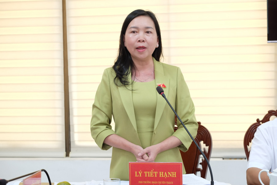 Bà Lý Tiết Hạnh - Phó trưởng Đoàn chuyên trách Đoàn ĐBQH tỉnh Bình Định báo cáo tại buổi làm việc. Ảnh: Hoàng Vinh. Bà Lý Tiết Hạnh - Phó trưởng Đoàn chuyên trách Đoàn ĐBQH tỉnh Bình Định báo cáo tại buổi làm việc. Ảnh: Hoàng Vinh.