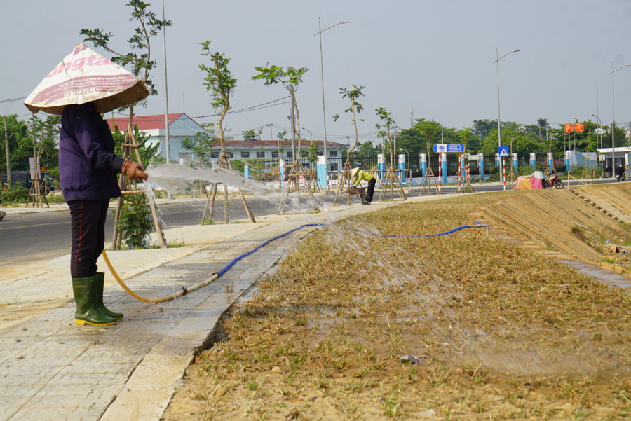 Công nhân đang chăm sóc các thảm cỏ ven đường. Ảnh: Hoàng Vinh.