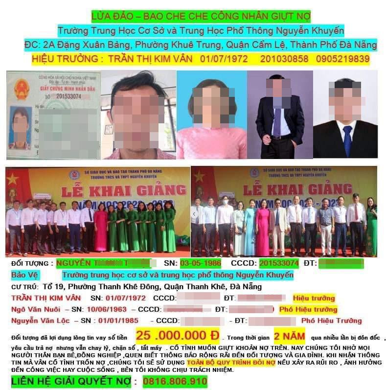 Thông tin mà các đối tượng đăng lên mạng xã hội, xúc phạm đến uy tín, danh dự của Ban Giám hiệu Trường THCS&THPT Nguyễn Khuyến (Đà Nẵng). Thông tin mà các đối tượng đăng lên mạng xã hội, xúc phạm đến uy tín, danh dự của Ban Giám hiệu Trường THCS&THPT Nguyễn Khuyến (Đà Nẵng).