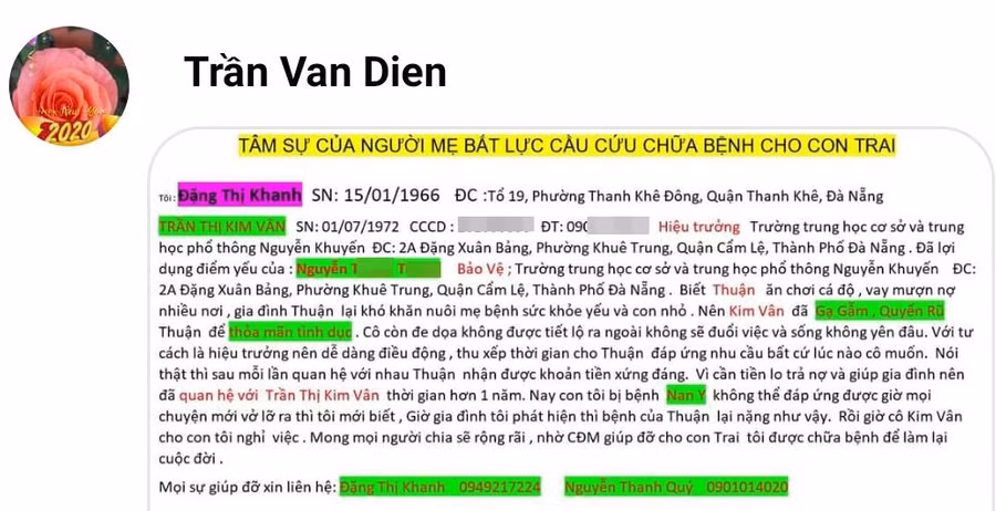 Các đối tượng vu khống, xúc phạm danh dự của Hiệu trường vì nhân viên bảo vệ của trường vay tiền tín dụng đen.