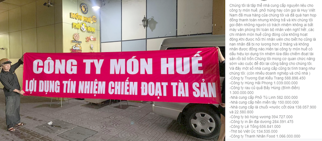 Các nhà cung cấp nguyên liệu cho chuỗi nhà hàng Món Huế đến trụ sở công ty Huy Việt Nam, Quận 1 căng băng rôn, tố cáo DN này nợ tiền nhiều tháng nay không trả (Ảnh: MXH) Các nhà cung cấp nguyên liệu cho chuỗi nhà hàng Món Huế đến trụ sở công ty Huy Việt Nam, Quận 1 căng băng rôn, tố cáo DN này nợ tiền nhiều tháng nay không trả (Ảnh: MXH)