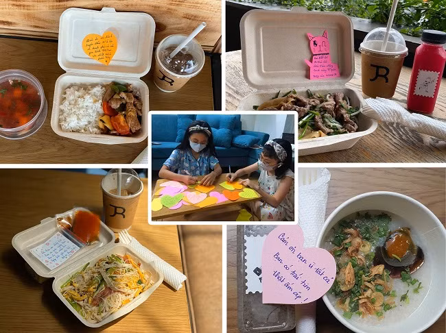 Mỗi suất cơm đều có tấm thiệp yêu thương gửi đến các tình nguyện viên tham gia tuyến đầu chống dịch Covid-19 (Ảnh:NTCC)