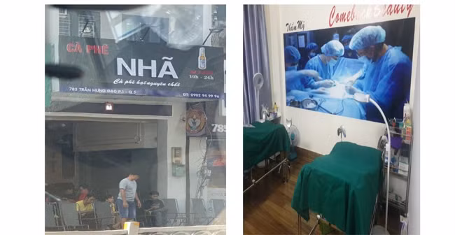 Thanh tra Sở Y tế kiểm tra đột xuất phát hiện, dưới nhà là “Cà phê Nhã”, trên lầu là phòng phẫu thuật thẩm mỹ trá hình (Ảnh: Sở Y tế)