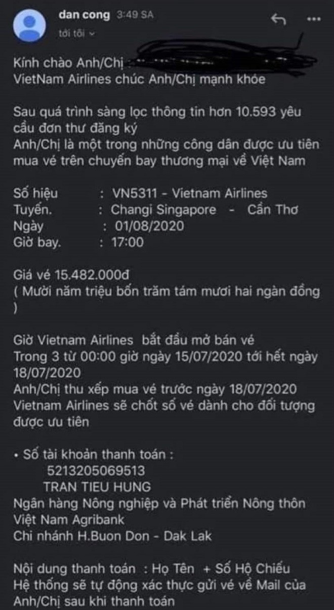 Lợi dụng chủ trương tổ chức các chuyến bay đón công dân Việt Nam từ các quốc gia về nước tránh dịch Covid-19, nhiều đối tượng đã gửi thư nhằm lừa đảo, chiếm đoạt tiền vé.