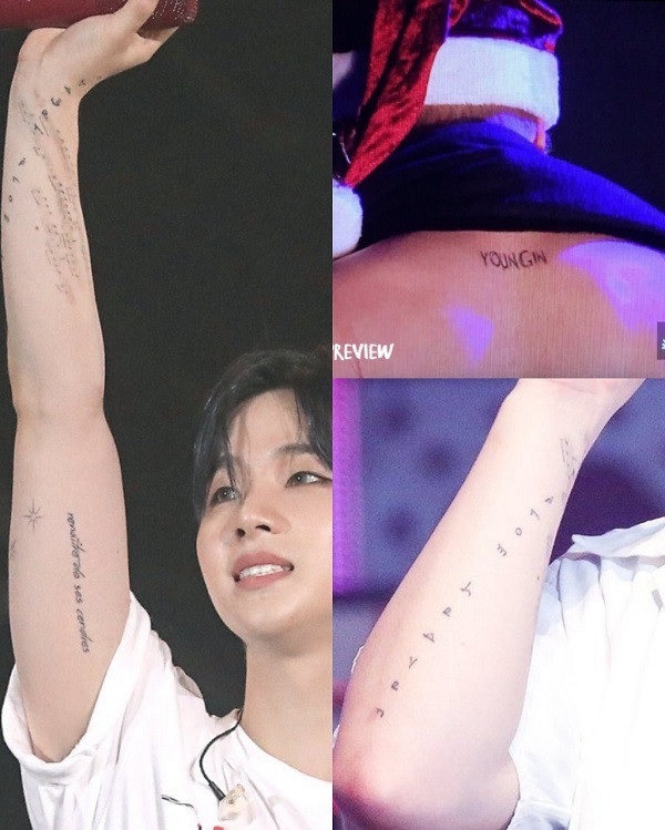 Jinhwan luôn giữ bí ẩn về ý nghĩa hình xăm trên cơ thể. Tuy nhiên, hình xăm tiếng Pháp "Renaitre de ses cendres" (Tái sinh từ đống tro tàn) là một trong những hình đẹp và ấn tượng nhất. Người hâm mộ phỏng đoán dòng chữ nhắc nhở thành viên iKon khi vấp ngã vẫn có thể đứng dậy mạnh mẽ hơn, nhưng chỉ anh mới biết ý nghĩa thực sự của hình xăm này. Ý nghĩa hình xăm của 9 thần tượng Hàn Quốc nổi tiếng