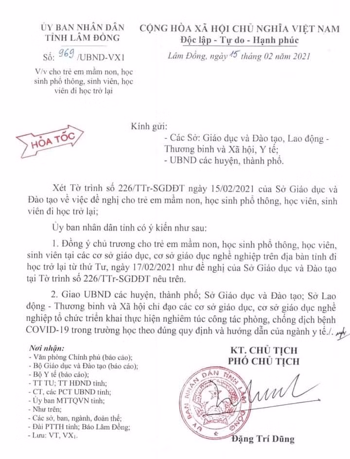 Công văn của UBND tỉnh Lâm Đồng về việc cho học sinh đi học trở lại ngày 17/2.