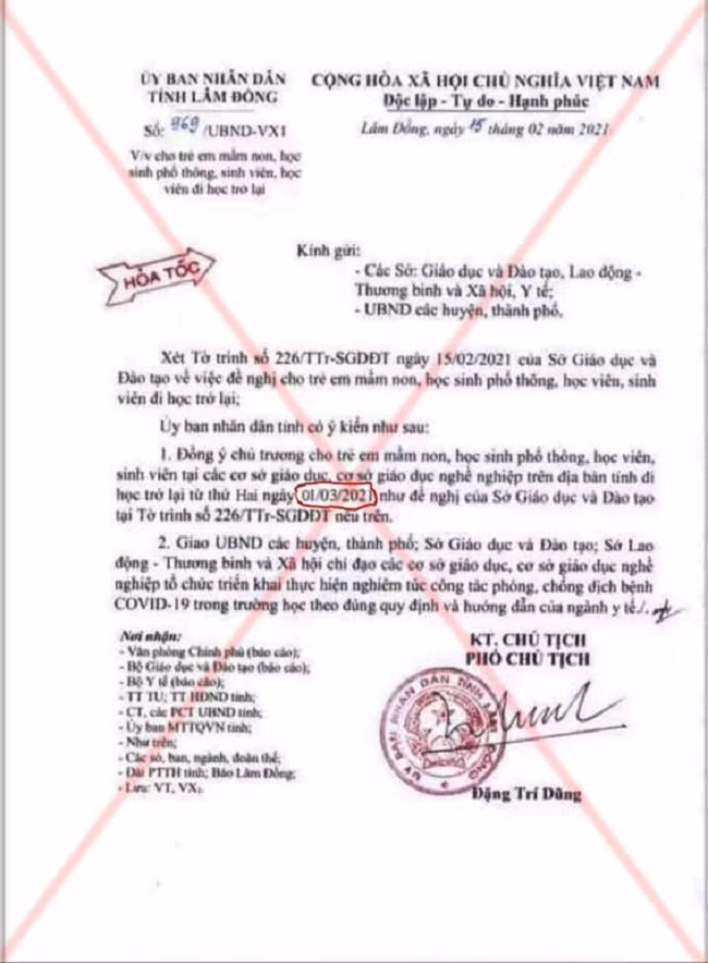 Văn bản giả mạo sửa chữa ngày học sinh đi học (đánh vòng đỏ). Các trường hợp thông tin, phát tán văn bản giả sẽ bị cơ quan chức năng xử lý theo quy định