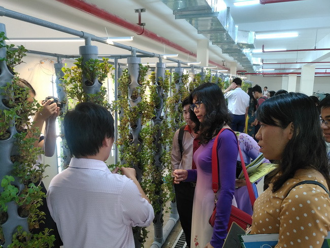 Các khách mời tham quan quy trình làm hệ thống trồng cây khí canh của dự án "Cải tạo chất lượng không khí ở hầm xe" trong buổi báo cáo dự án