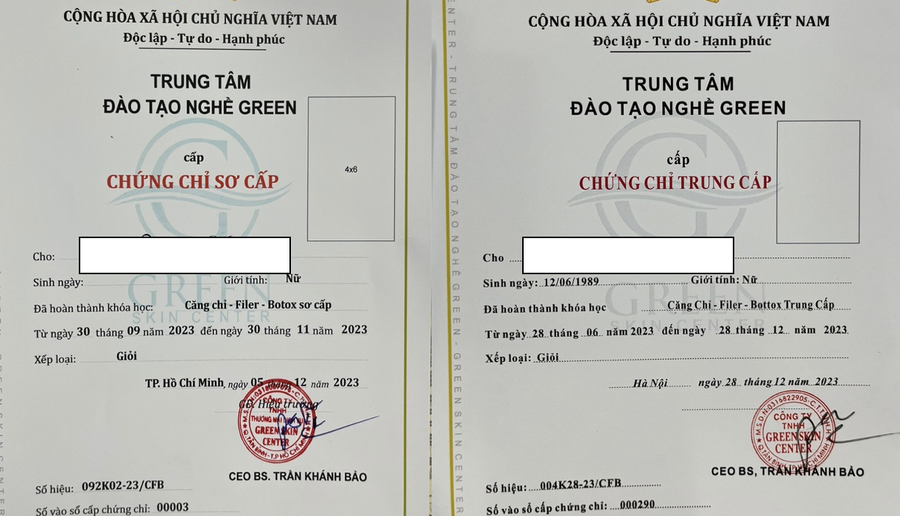 Hình ảnh mẫu Chứng chỉ tham gia khóa học do Công ty TNHH TMDV Green Skin Center và Công ty TNHH Green Skin Center cấp học viên. (Ảnh: Sở Y tế TPHCM)