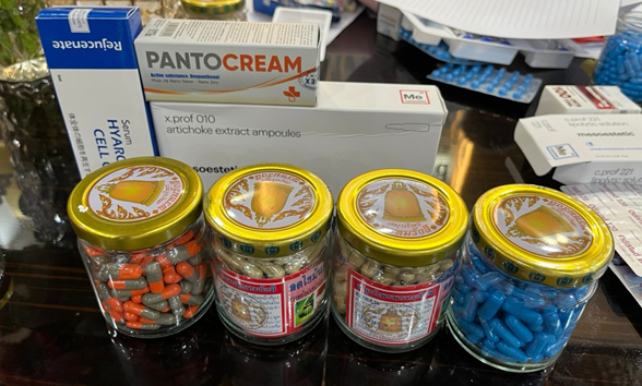 Các sản phẩm không nhãn mác, không rõ nguồn gốc xuất xứ được Thanh tra Sở Y tế phát hiện tại cơ sở. (Ảnh: Sở Y tế TPHCM)