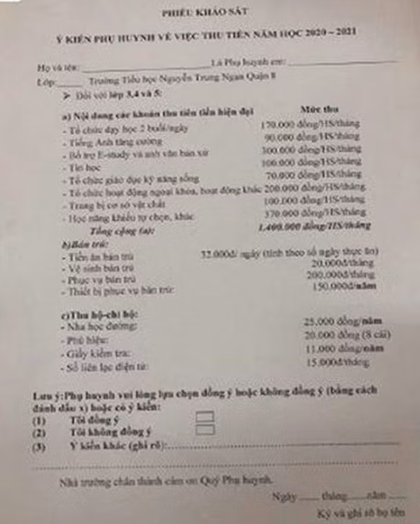 Phiếu khảo sát các khoản thu dự kiến của Trường TH Nguyễn Trung Ngạn -Q8-TP.HCM đầu năm học 2020-2021 (Ảnh: IT).