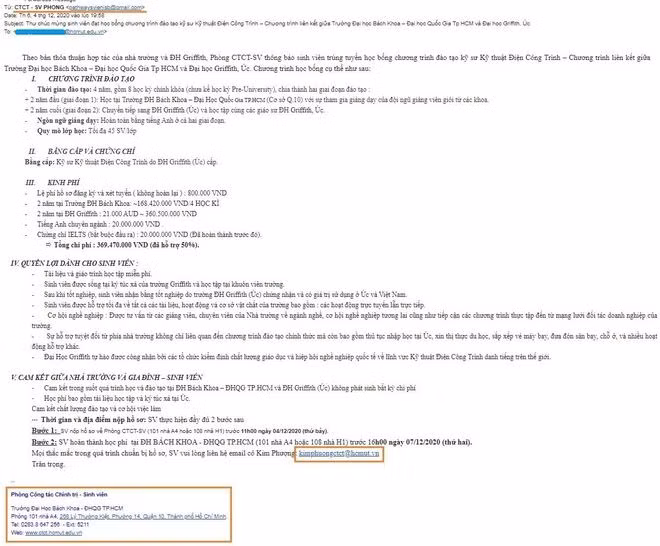 Thông báo trúng tuyển giả được gửi bằng email. Ảnh: Trường ĐH Bách khoa.