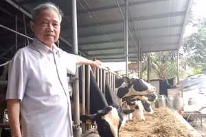 Ông Chu Văn Sâm bên trang trại bò sữa của gia đình. (Ảnh: Thiên Long)