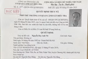 Quyết định truy nã đối với Nguyễn Duy Anh Vũ.