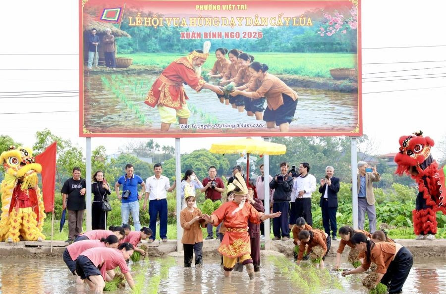 Tái hiện Lễ hội Vua Hùng dạy dân cấy lúa góp phần gìn giữ giá trị di sản “Tín ngưỡng thờ cúng Hùng Vương”.