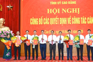 Lãnh đạo tỉnh Cao Bằng trao quyết định, chúc mừng các cán bộ nhận nhiệm vụ mới.
