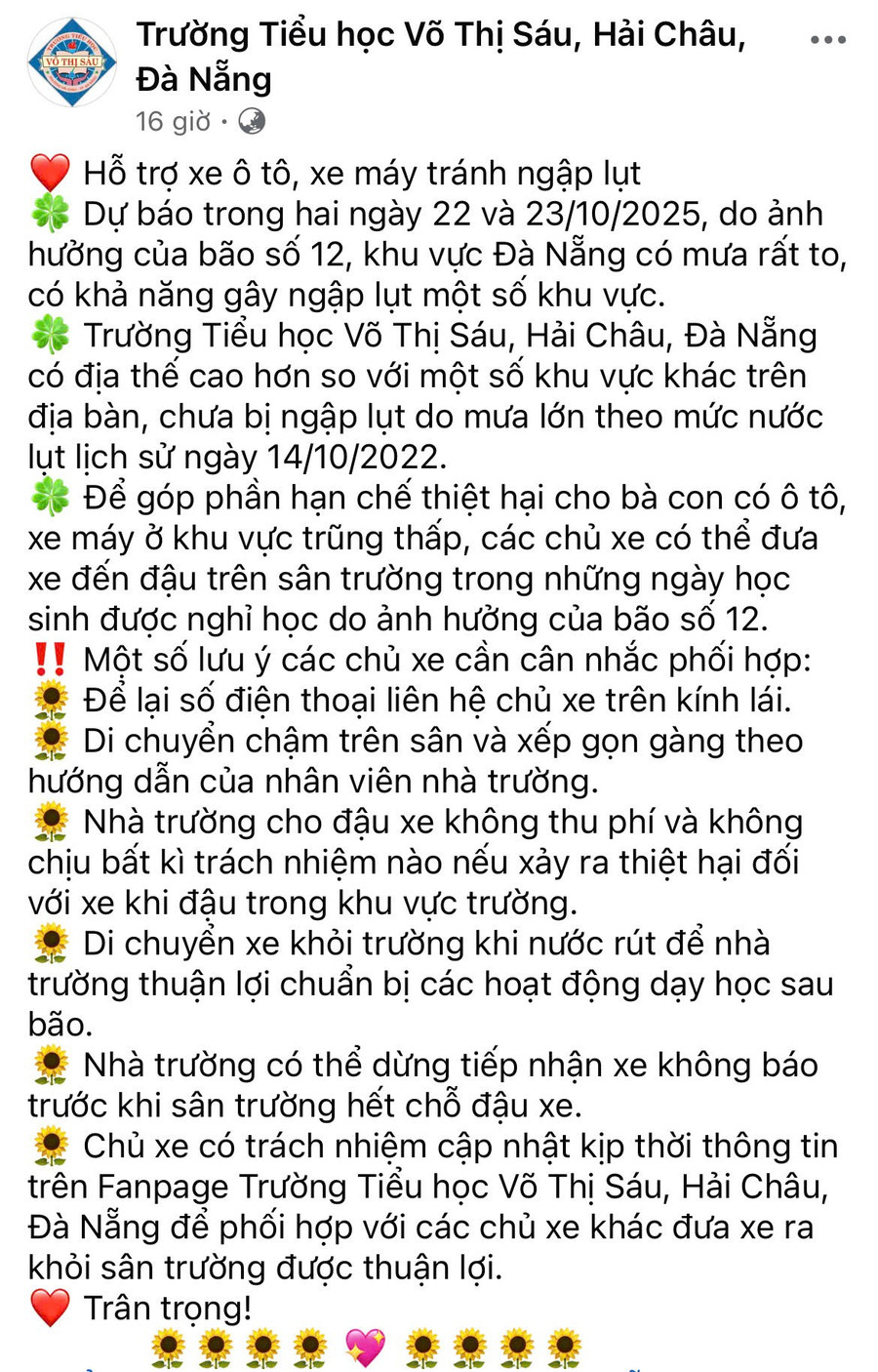 Fanpage Trường Tiểu học Võ Thị Sáu đăng thông tin cho người dân đỗ xe miễn phí để tránh ngập lụt. 512a98488aae07f05ebf.jpg