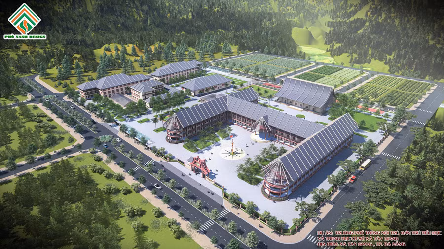 Phối cảnh Trường phổ thông nội trú, bán trú Tiểu học và THCS Tây Giang. Ảnh: BQL dự án đầu tư xây dựng các công trình dân dụng, công nghiệp và hạ tầng kỹ thuật Đà Nẵng