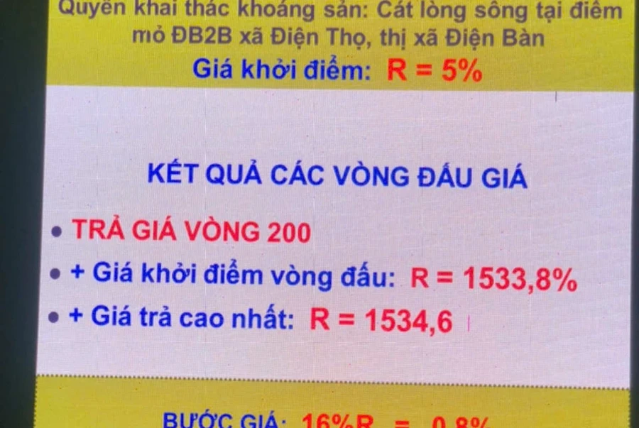 Bảng đấu giá cát tại điểm mỏ ĐB2B xã Điện Thọ, thị xã Điện Bàn, Quảng Nam. 