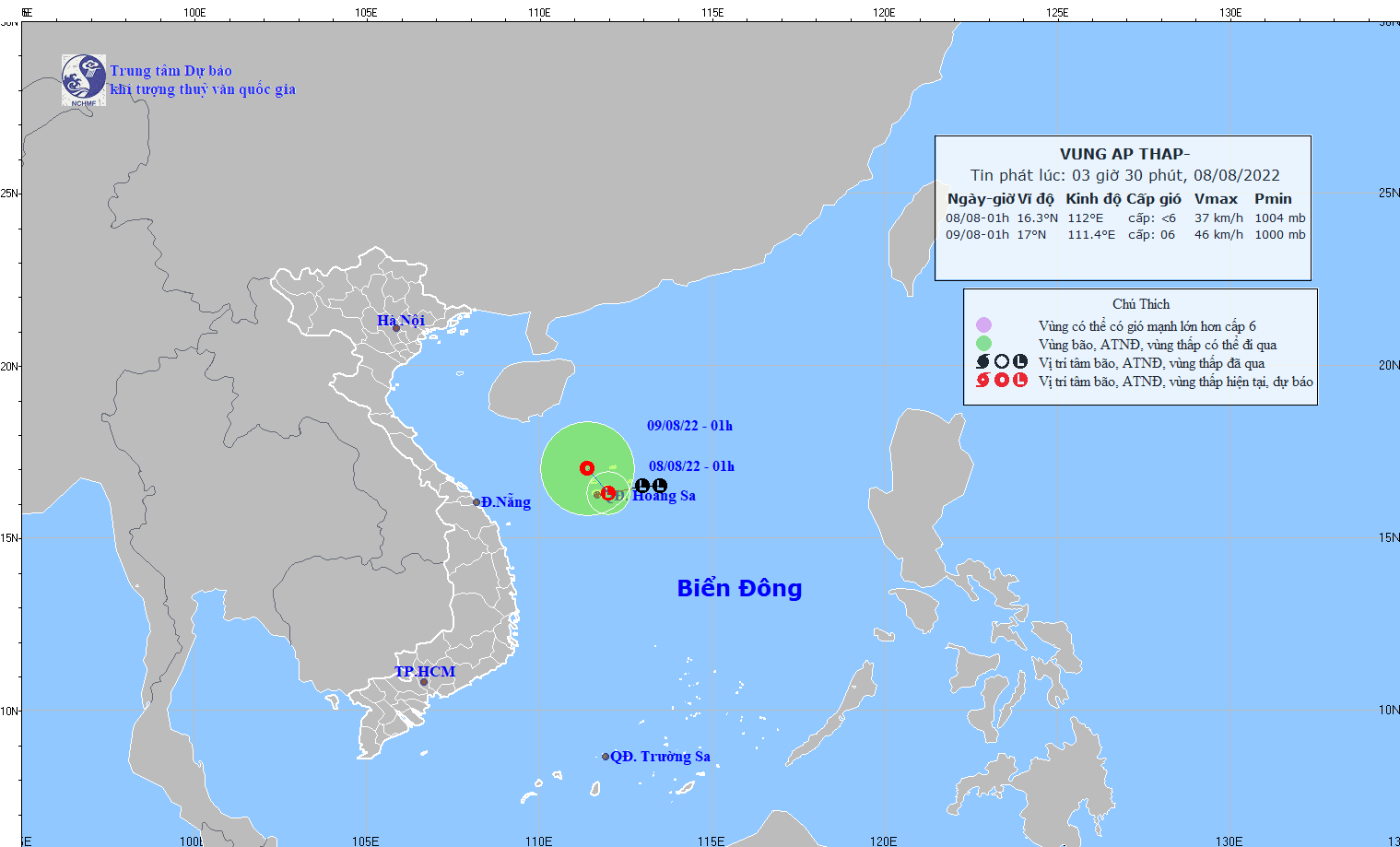 Sơ đồ đường đi áp thấp có khả năng mạnh lên thành áp thấp nhiệt đới trên Biển Đông - Ảnh: Trung tâm Dự báo khí tượng thủy văn quốc gia