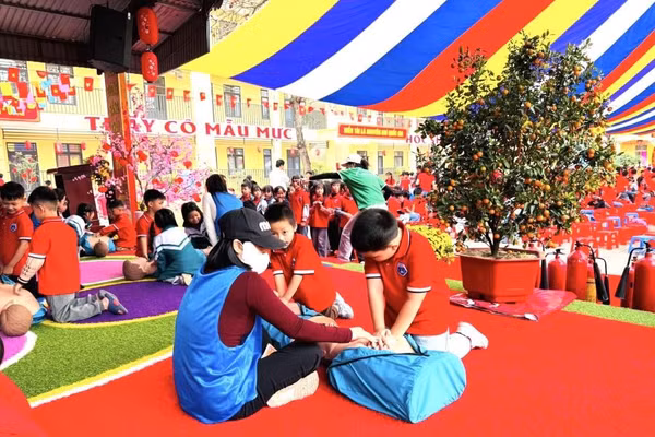 HS trường Tiểu học Thụy Vân được trải nghiệm thực hành sơ cứu người bị nạn.