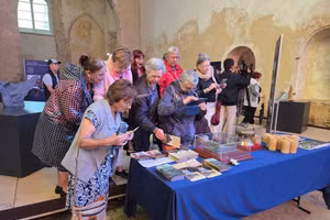 Du khách Pháp tham quan các hiện vật, tư liệu trưng bày tại không gian khu di tích quốc gia đặc biệt Cổ Loa của Việt Nam tại Provins - Ảnh: BTC.