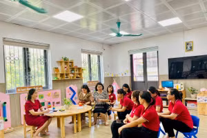 Cô Vũ Thị Hoài Thanh (ngoài cùng bên trái) bồi dưỡng chuyên môn cho giáo viên. 