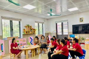 Cô Vũ Thị Hoài Thanh (ngoài cùng bên trái) bồi dưỡng chuyên môn cho giáo viên. 