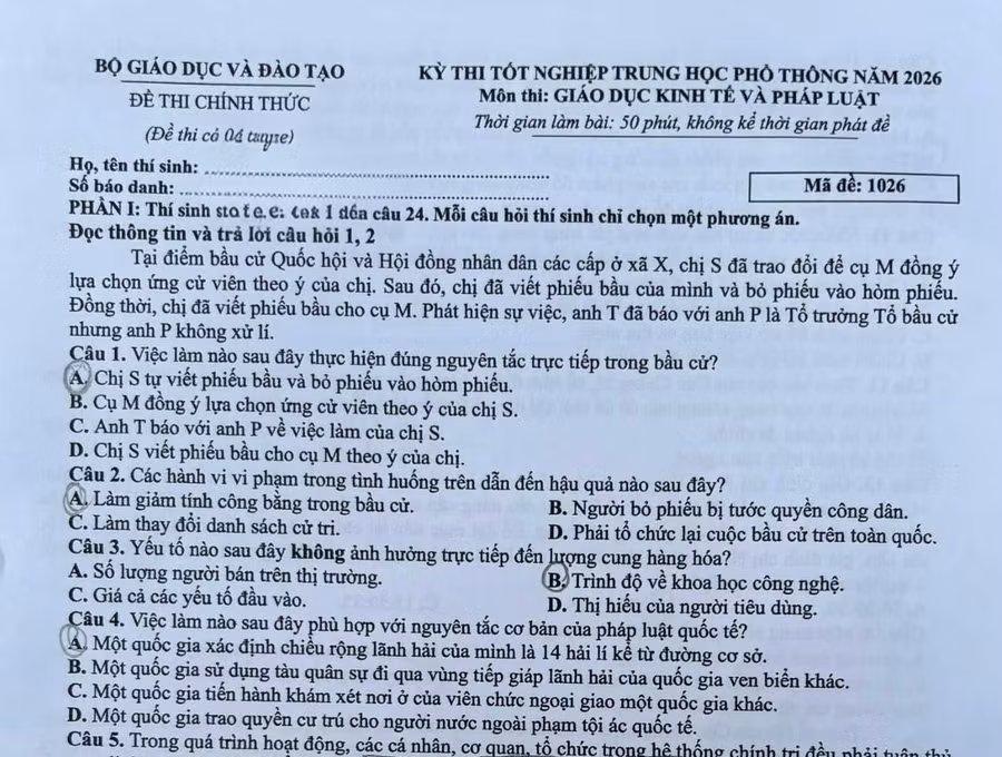 Gợi ý đáp án môn Giáo dục Kinh tế và Pháp luật Kỳ thi tốt nghiệp THPT năm 2026