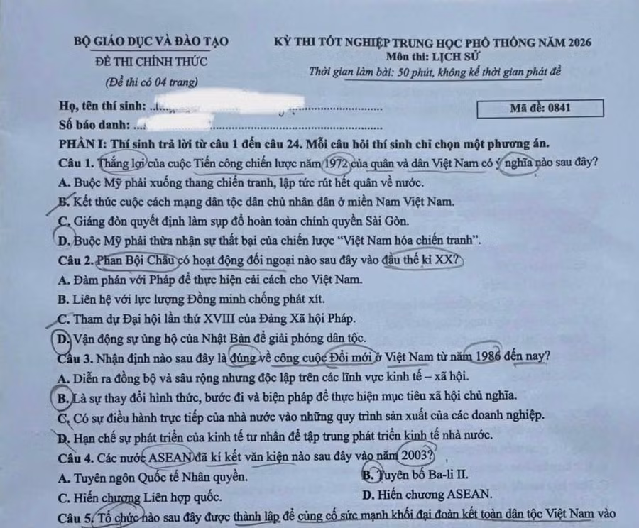 Gợi ý đáp án môn Lịch sử Kỳ thi tốt nghiệp THPT 2026