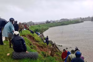 Hàng trăm người đang xử lý sự cố sạt đê sông Cung ở Hoằng Châu, Thanh Hóa. (Ảnh: Xã Hoằng Châu cung cấp).