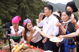 Người dân xã Sìn Hồ (Lai Châu) livestream cùng nhau bán sâm đất. Ảnh: INT