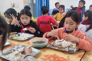 Giờ ăn trưa của học sinh Trường Tiểu học Quang Chiểu (Mường Lát, Thanh Hóa).