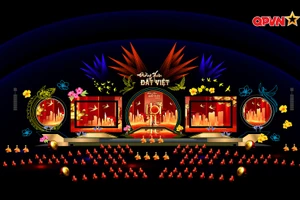 Phối cảnh sân khấu chương trình 'Đường xuân đất Việt 2026 - Hội tụ' thể hiện rõ quy mô cầu truyền hình lớn, gắn kết Hà Nội với các điểm cầu trên cả nước và quốc tế.