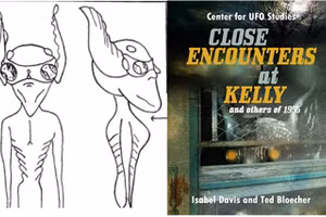 'Người đàn ông xanh' vẽ theo lời kể và quyển sách của hai nhà nghiên cứu về UFO.