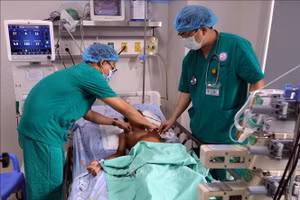 Các y, bác sĩ Khoa Nhi Cấp cứu - Hồi sức tích cực và Chống độc, Bệnh viện Phụ sản - Nhi Đà Nẵng kiểm tra sức khỏe cho hai bệnh nhi.