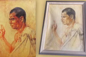 Tác phẩm 'Chân dung nhà sư' của cố họa sư Nam Sơn (trái) bị làm giả (phải).