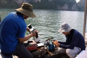 Nhóm thực hiện nghiên cứu chất lượng nước ở Vịnh Hạ Long.