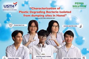Nhóm sinh viên và chế phẩm phân hủy nhựa từ vi khuẩn của nhóm sinh viên.