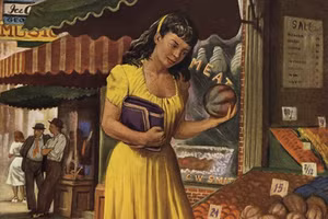 Tranh minh họa nhà khoa học nữ Mary Hunt tìm kiếm nấm mốc ở cửa hàng trái cây.