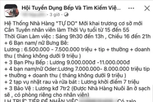 Bài đăng tuyển dụng mạo danh chuỗi nhà hàng T.D. Ảnh: NVCC