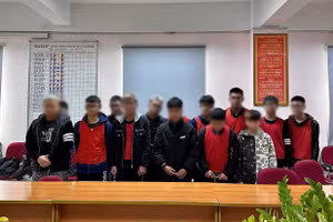 Nhóm thanh thiếu niên và tang vật cơ quan chức năng thu giữ.